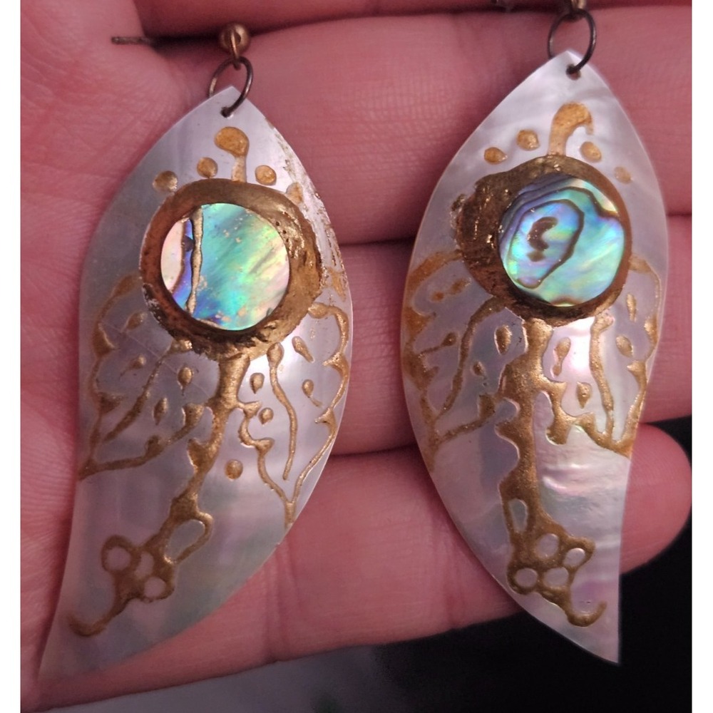 OOAK Hand Painted White Shell with Abalone Focal Point & Gold Accents